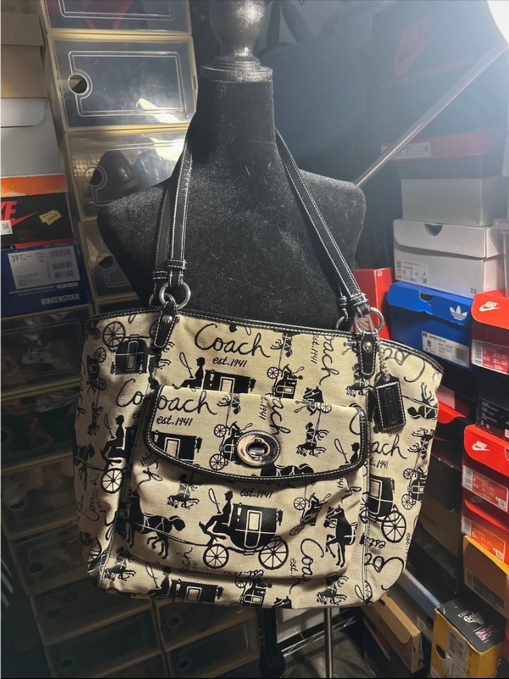 Coach Canvas Signature Tote in Beige with Black Trim